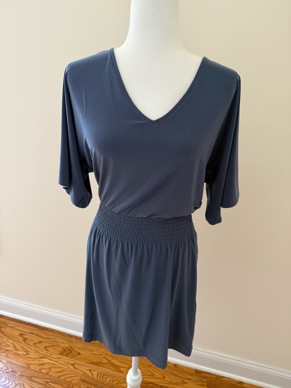 White House Black Market Navy V-Neck Smocked Waist Dress